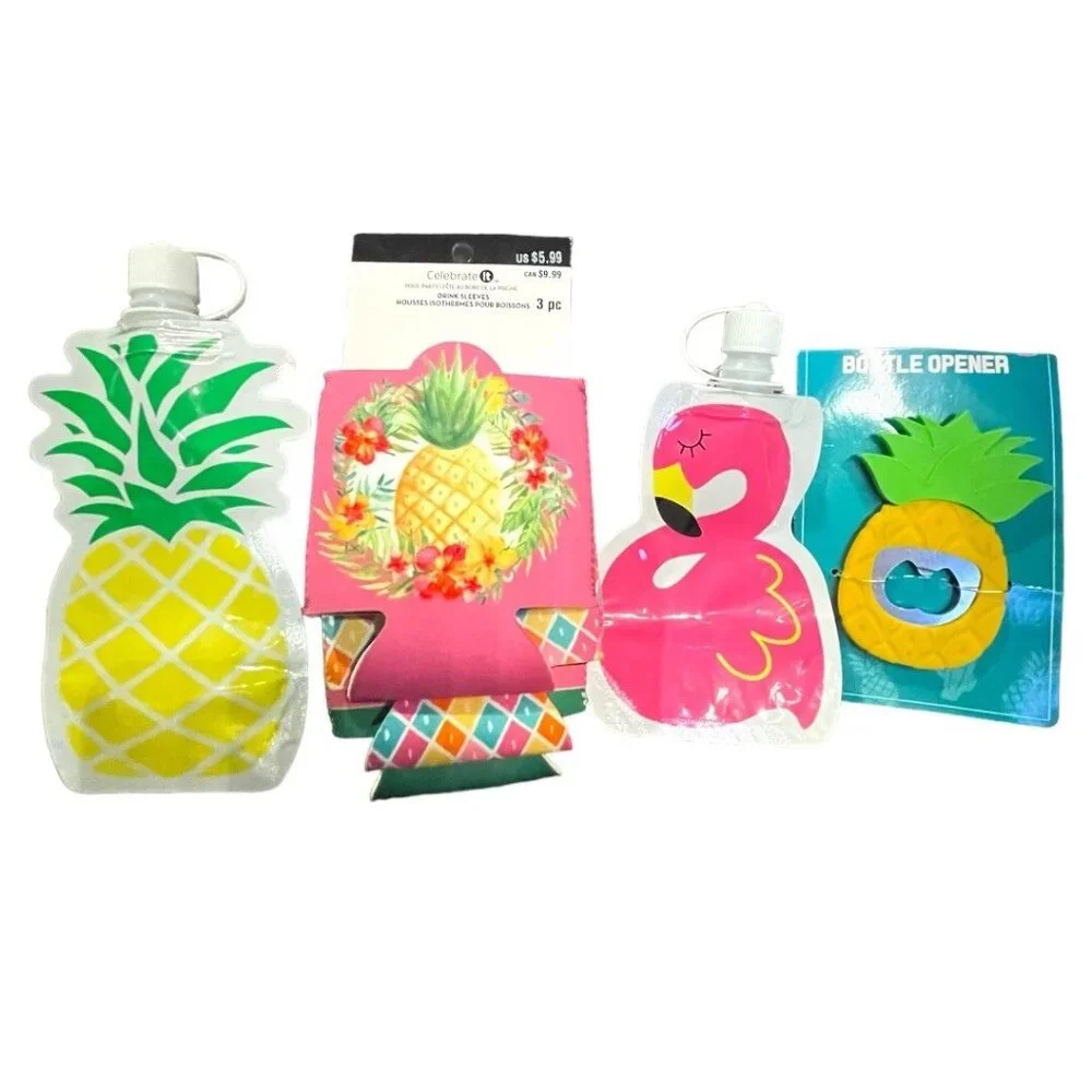 Tropical Pineapple & Flamingo Drinkware Set w Bottle Opener-Foldable Flask&Drink
